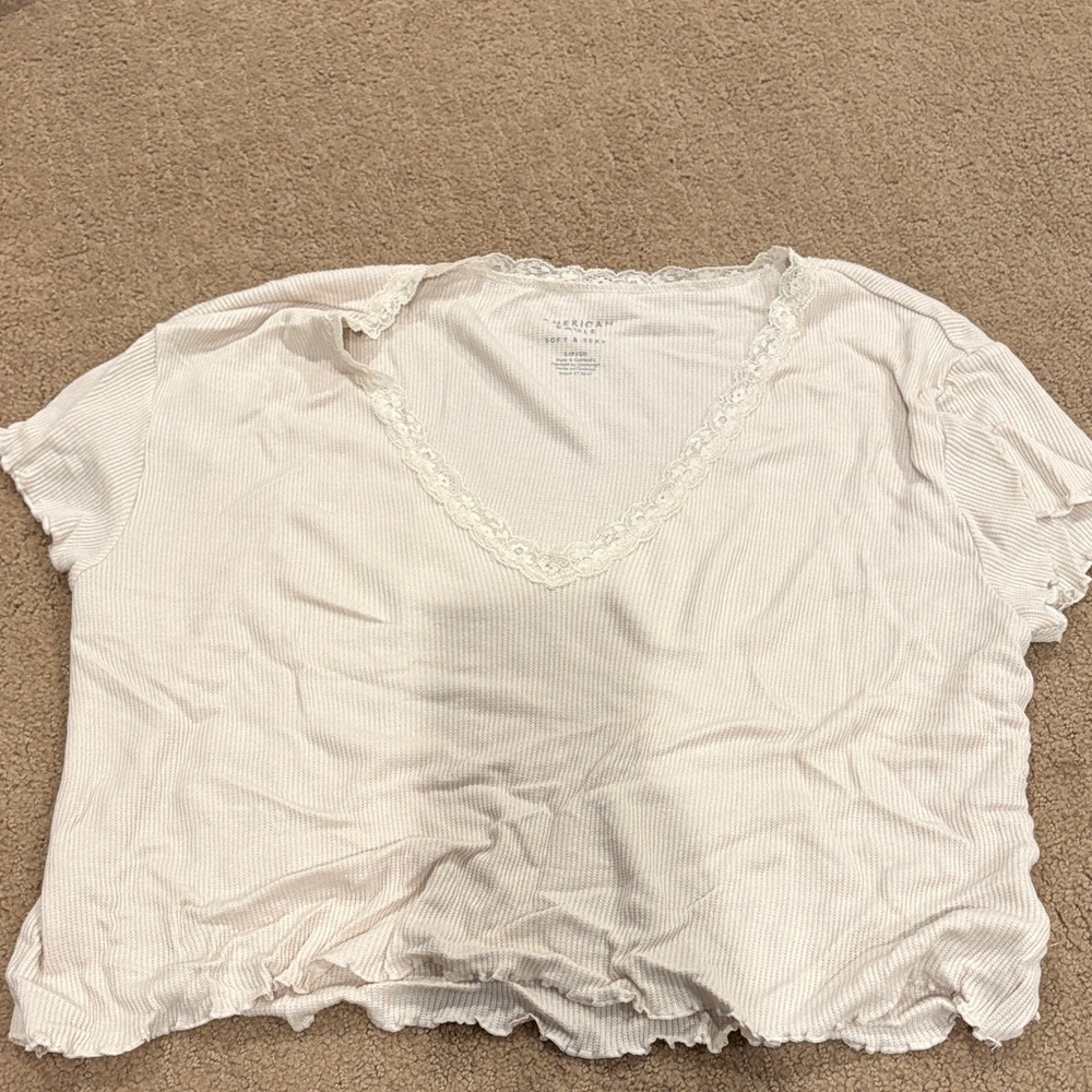 American Eagle White Lace Trim V-Neck Top
